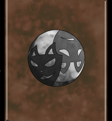 the logo of The Theatre on the back of a card, a circle with two theatre masks with animal ears