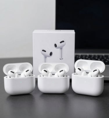 Pair of white AirPods resting on a smooth black tech mat with subtle lighting