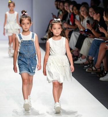 A confident 10-year-old girl striking a pose mid-walk in colorful summer fashion during the kids and teens showcase.