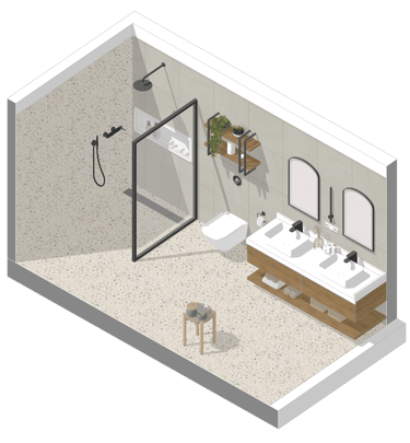 Modelagem 3D de banheiro para projeto de interiores desenvolvida no SketchUp.