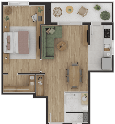 Planta humanizada de apartamento para apresentação de projeto de interiores.