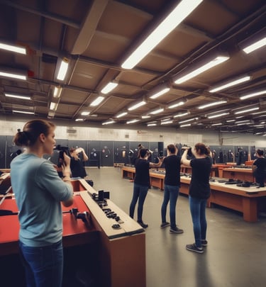 students shooting pistols at an indoor range