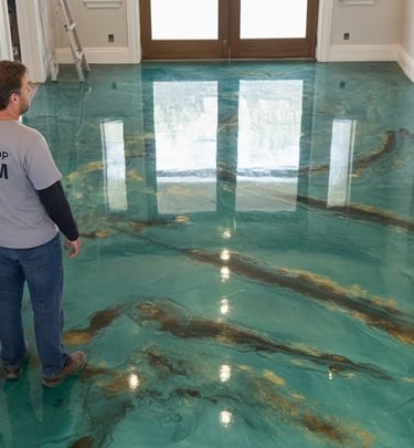 two men inspecting a green epoxy floor