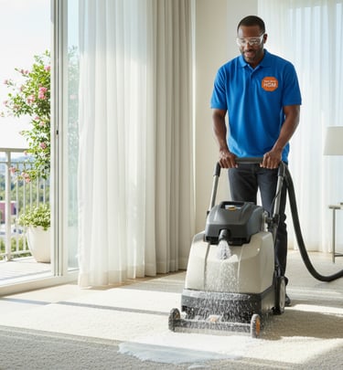 a man in a blue shirt is cleaning a carpet with carpet cleaner.