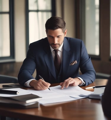 A procurador presenting documents at a courthouse reception desk.