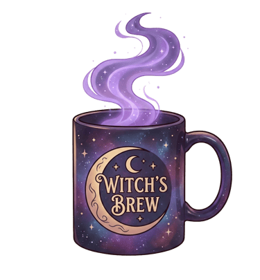 Witch's Brew coffee mug with galaxy print and crescent moon, emitting glowing purple smoke.