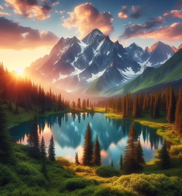 a mountain scene with a lake and a mountain in the background