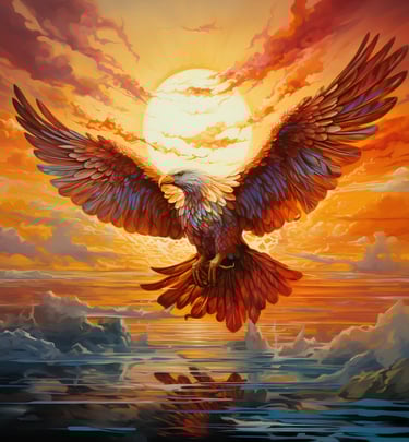 a bald eagle soaring into the sunset