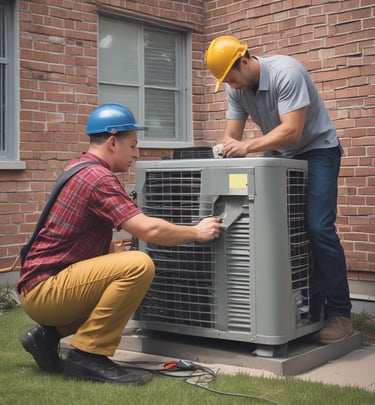 A close-up of a hand holding a screwdriver with a worn orange and yellow handle. In the background, there are multiple construction vehicles with prominent yellow and black coloring, slightly out of focus.
