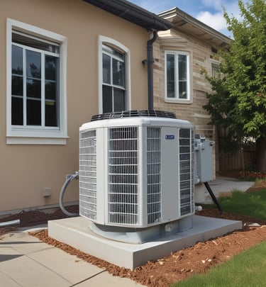 Numerous air conditioning units are densely packed on the exterior wall of a multi-story building. The image shows a very urban setting, with a grid-like arrangement of metal platforms supporting the units. Adjacent to this setup is a zigzagging metal staircase, leading to various floors of the building. The overall appearance is industrial and cluttered.