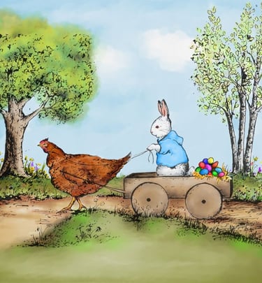 a rabbit and chicken in a wagon with eggs