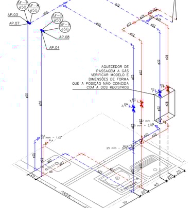 Detalhe isométrico de cozinha residencial com água quente e fria