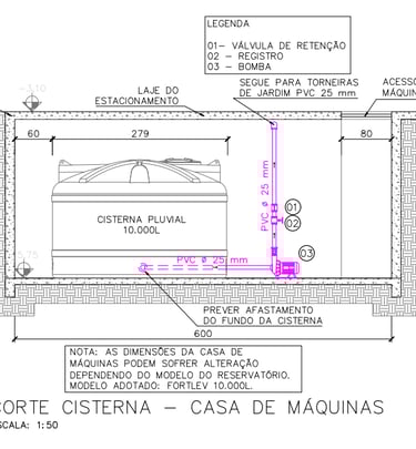 Corte detalhado da casa de maquinas de cisterna em edifício de alto padrão