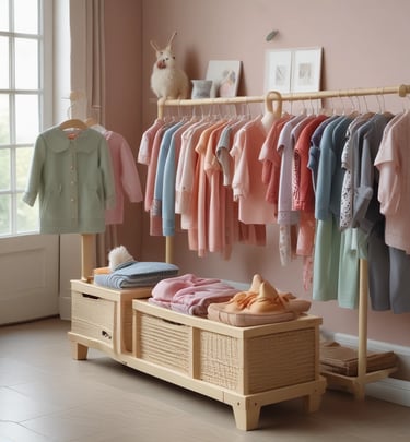A neatly organized clothing store featuring a variety of colorful clothing items displayed on hangers and shelves. A central wooden table showcases folded garments with vibrant colors. The walls have posters and more hanging clothes. The store has a modern, minimalist aesthetic with a bright and clean interior.