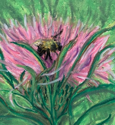 oil pastel drawing of a bee on a pink and purple thistle flower with a green grass background