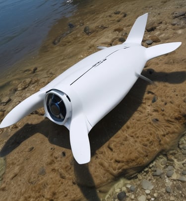 Underwater shot of the Aquabotia drone gliding near riverbed plants with its 4K camera capturing vibrant aquatic life.