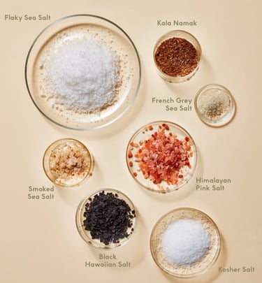 Assorted gourmet salts in bowls: pink, black, grey, and flaky varieties on a beige background.