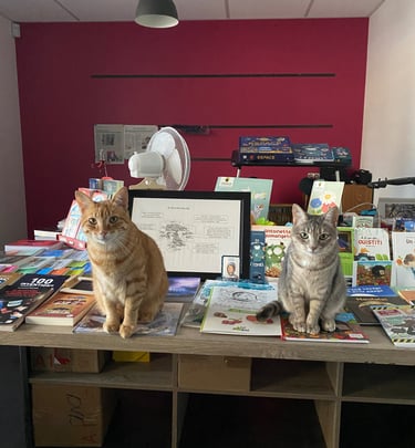 Deux chats sont posés sur les livres. A gauche, un chat roux (Tigrou) à droite, un gris (Tania)