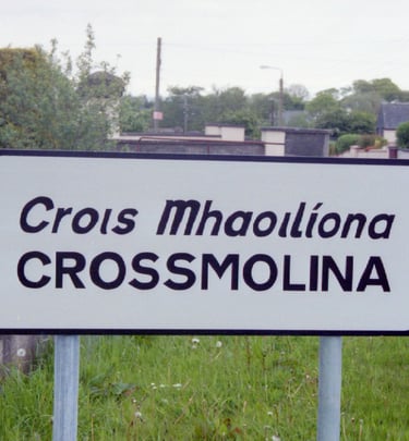 Welcome sign to Crossmolina, County Mayo, Republic of Ireland.