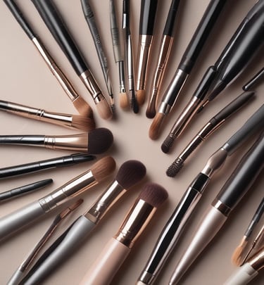 A vibrant makeup tutorial setup with brushes and palettes.