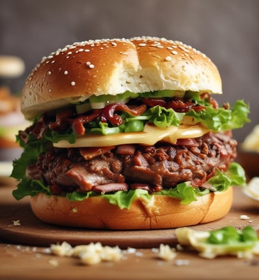 A close-up view of freshly baked burger buns with shiny, golden-brown crusts. Some of the buns are topped with black sesame seeds, while others have white sesame seeds. They are arranged on a dark baking tray, with a textured beige surface underneath.