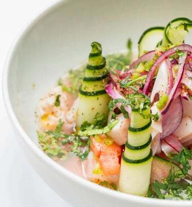 A plate of Peruvian ceviche in a restaurant in Lisbon, Portugal