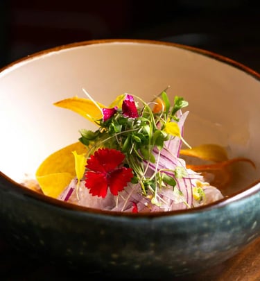 A bowl of ceviche in Lima Ceviche Bar restaurant in Lisbon, Portugal