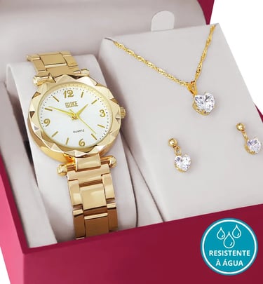 Relógio Feminino + Kit Colar Brincos Folheado Ouro 18k