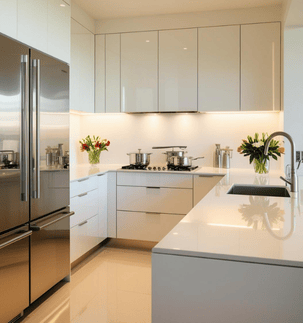 a kitchen with a stainless steel refrigerator and a large white counter