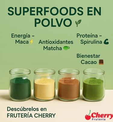 Polvos de spirulina, maca, cacao y matcha