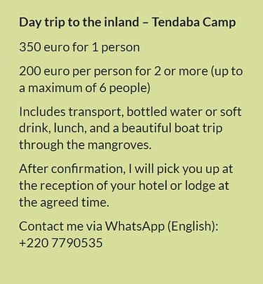 Flyer day trip to the inland – Tendaba Camp in Gambia. Price €350 for 1 person or €200 per person fo