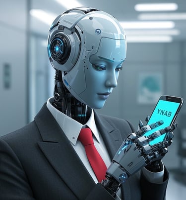ai female robot business suit operating the YNAB app for budgeting.