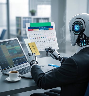 ai male robot business suit laptop calendar scheduling budget.