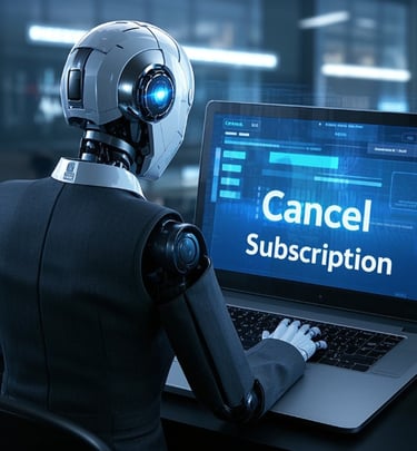 ai male robot business suit canceling subscription on laptop to save money.