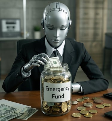 ai female robot business suit adding money to emergency Fund jar.