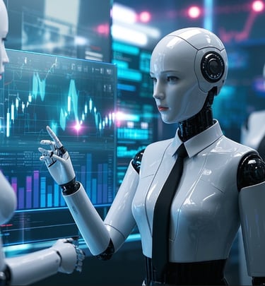 ai female robot business suit operating a hologram investing