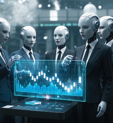 ai female robots business suits collaborsting over holographic stock graph