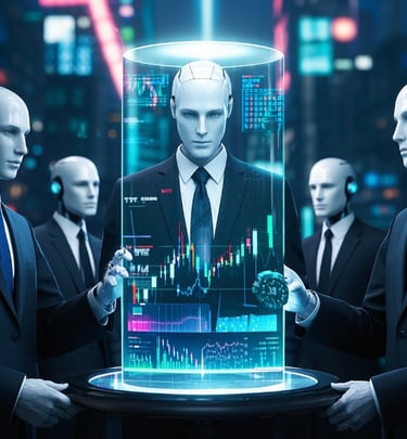 ai male robots business suits collaborating over holographic stock graph.