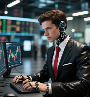 a man in a black leather suit and red tie working on stock market