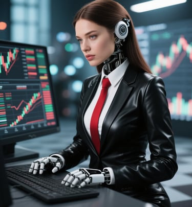 a woman in a black leather jacket and a red tie working on the stock market