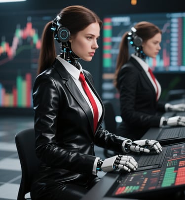 two woman in black leather suits and red ties working on stock market