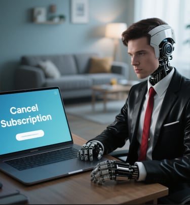 a man in a suit and tie is sitting at a desk with the words cancel Subscription on a laptop