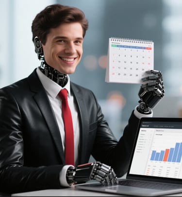 a man in a black leather suit and red tie holding a calendar budgeting