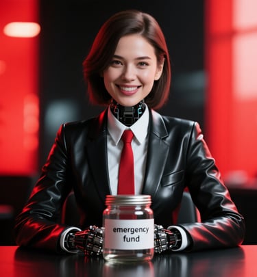 a woman in a leather jacket and red tie and emergency fund jar