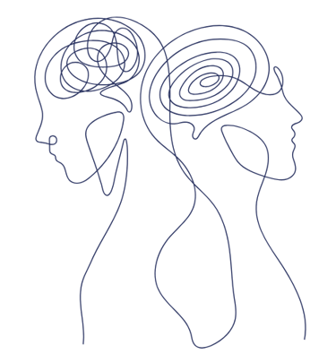 deux silhouettes dos à dos avec les pensées reliées qui représente la psychanalyse