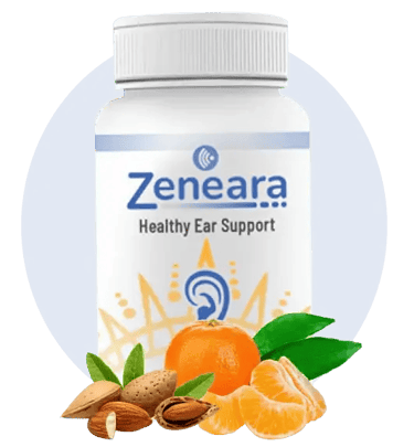 Zeneara Healthy Ear Support supplement bottle with almonds and orange fruit slices.
