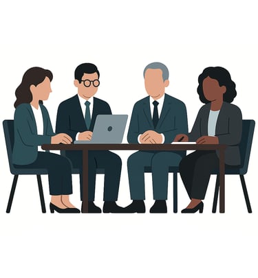 Infographic showing four people sitting around an office table