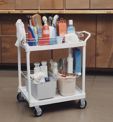 A set of cleaning products is arranged on a light-colored marble surface. The items include two metal spray bottles, a small glass bottle with a liquid, a natural bristle brush, and a cloth with dark stripes. Sunlight filters through leaves, casting dappled shadows on the surface.