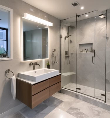 A modern interior featuring high ceilings and rows of glass-panelled walls, creating a spacious, well-lit corridor. The architectural design incorporates clean lines, with balconies and lighting fixtures enhancing the sense of openness.