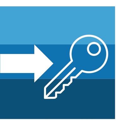 Arrow pointing to key icon over blue ombre band brand, representing residential rekeying services by Asheville Locksmith Now